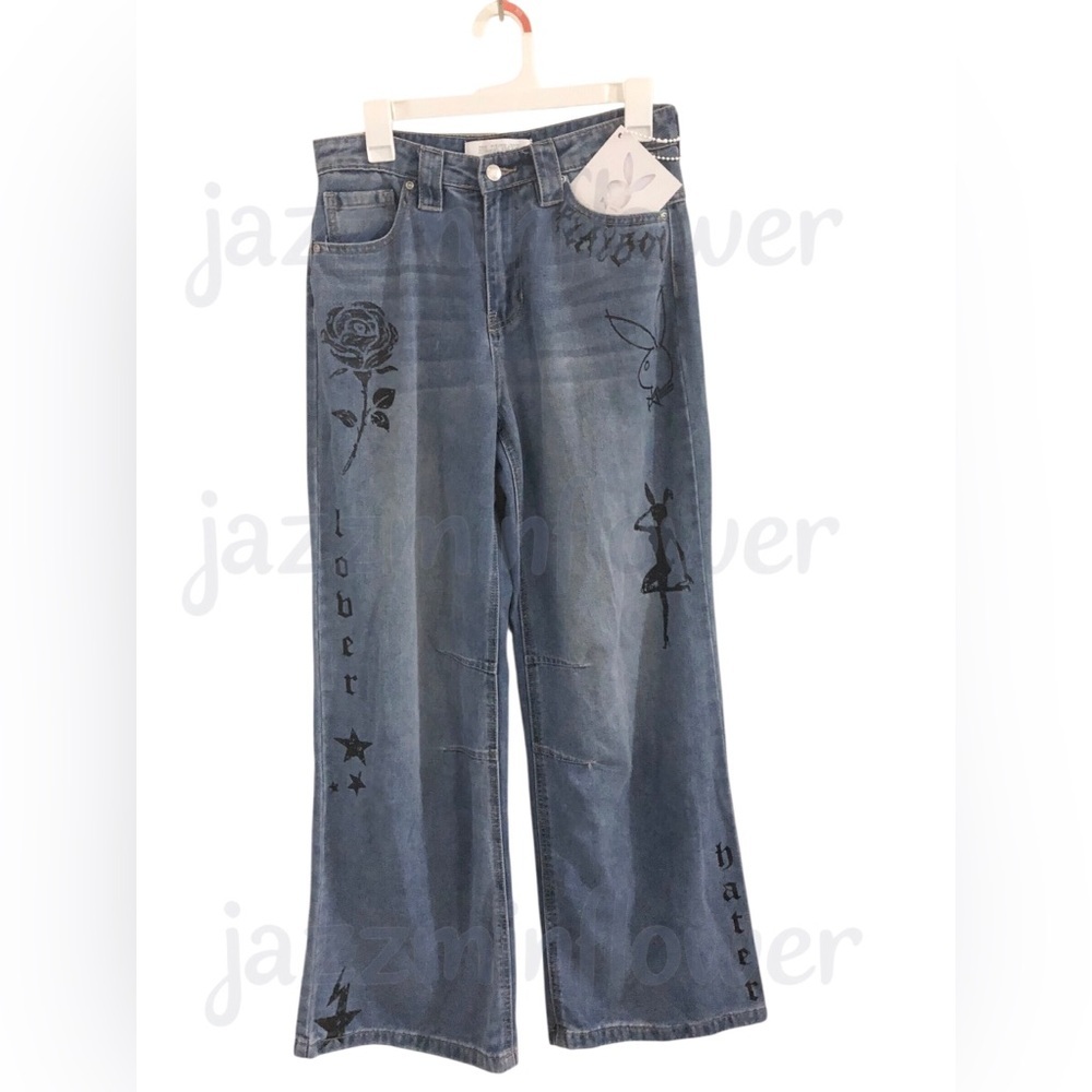 Playboy blue sinner lover butterfly rose playboy bunny‎ embroidered jeans size 7